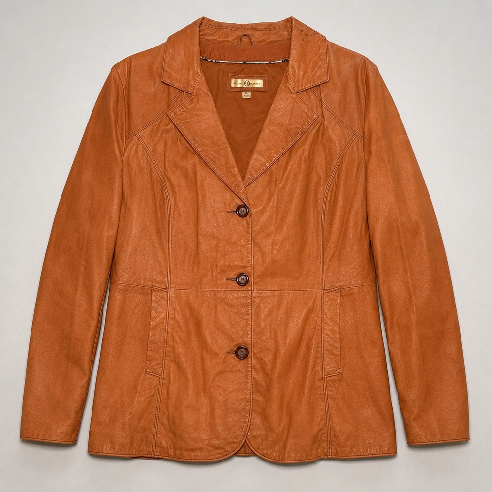Wilsons Leather Blazer Coat Jacket Womens XL Cognac Orange Leather Button‎
